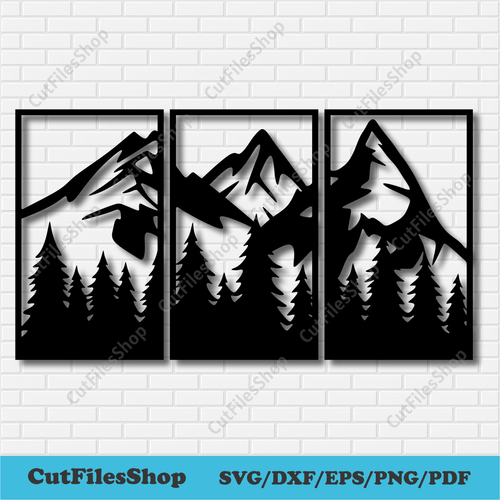 Mountains panels dxf for cnc router, Dxf files for Laser cut, Dxf for cnc Plasma cut, vinyl decal dxf, wall art dxf, panels dxf for plasma, pine forest dxf, nature panels dxf, vector cnc files, nature svg files, home decor dxf, cutting files, download dxf files, cut files shop