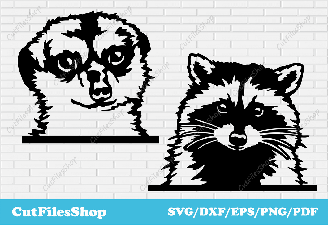 Peeking animals dxf for laser, Raccoon svg, Meerkat svg files, vector designs, Animals for cricut, Download free dxf, free cutting files, cricut svg, vector art, svg animals for shirts, shirts designs, silhouette png, Animals plasma files, wall art decor, dxf files for cnc, dxf format, digital cutting files, Peeking Raccoon svg