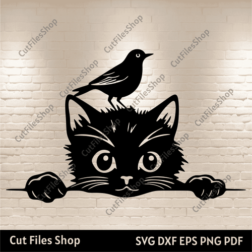 Peeking cat with bird svg, Cat dxf files, Peeking cat cut files for Cricut, T-shirt design, Cnc router files, wall metal decor dxf, svg for plywood cut, wood wall decor svg, cnc cutting, bird svg files, best free laser cut svg files, dxf for silhouette studio