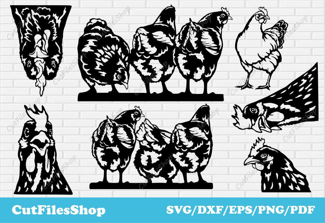 laser engraving, scrapbooking cut files, metal cutting files, vinyl cut files, Peeking chickens svg for cricut, Dxf for laser cutting, svg shirt design, Plasma cut files, Silhouette birds, chickens scenes dxf, cute farm birds dxf, funny peeking chickens svg