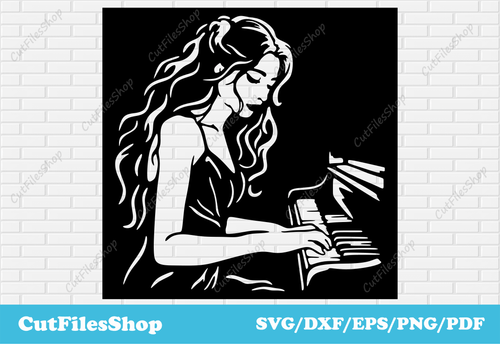 Pianist panel for laser cut, pianist svg for cricut, silhouette pianist, girl svg for cricut, piano svg files, panel stencils dxf, pianist png for sublimation, piano images for t shirt, paper cutting svg, girl svg clip art, beautiful girl and piano svg