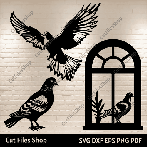 Pigeons svg, Pigeon on the window cutting files, dxf svg files, flying pigeon svg clipart, Silhouette cut files, dxf for laser, cnc metal cutting, paper cut art, svg files for sale, free dxf cnc files, birds svg files, birds dxf for plasma cut