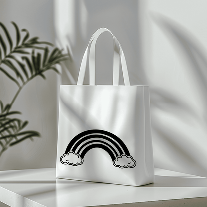 Modern rainbow with fluffy clouds design