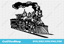 Load image into Gallery viewer, Retro train dxf for laser cut, train svg for cricut, cnc cutting designs, vector train, train for shirt, svg art, instant download svg, free download dxf, svg files for cnc router, dxf for silhouette, dxf for plasma cam, engraving vector
