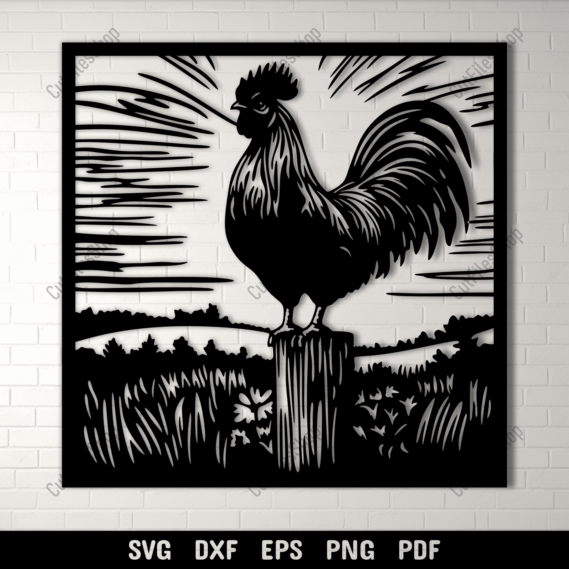 Rooster standing on post farm scene SVG