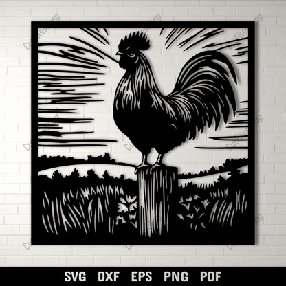 Rooster standing on post farm scene SVG