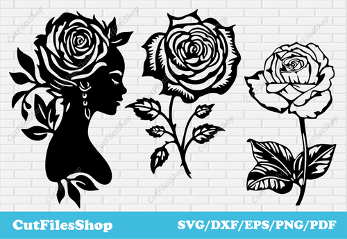 Woman with rose dxf, rose dxf files for cnc plasma, flower woman svg, rose svg cut files for cricut, rose dxf metal decor, rose png for sublimation, free vector rose, digital cut files