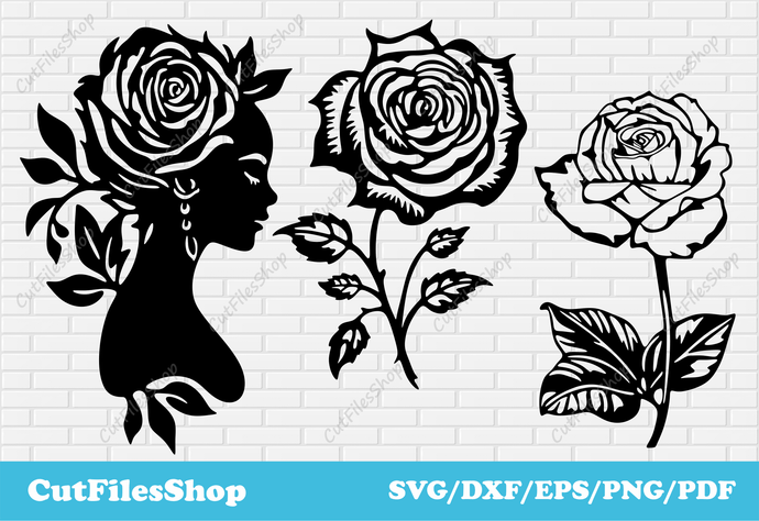 Woman with rose dxf, rose dxf files for cnc plasma, flower woman svg, rose svg cut files for cricut, rose dxf metal decor, rose png for sublimation, free vector rose, digital cut files