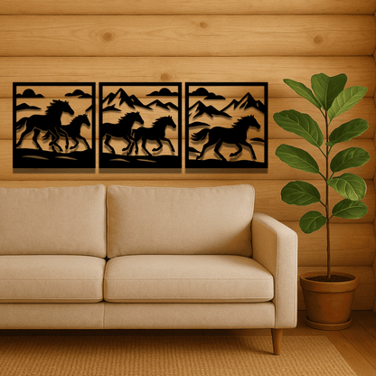 Mountain and horses wall panel vector for plasma cutting