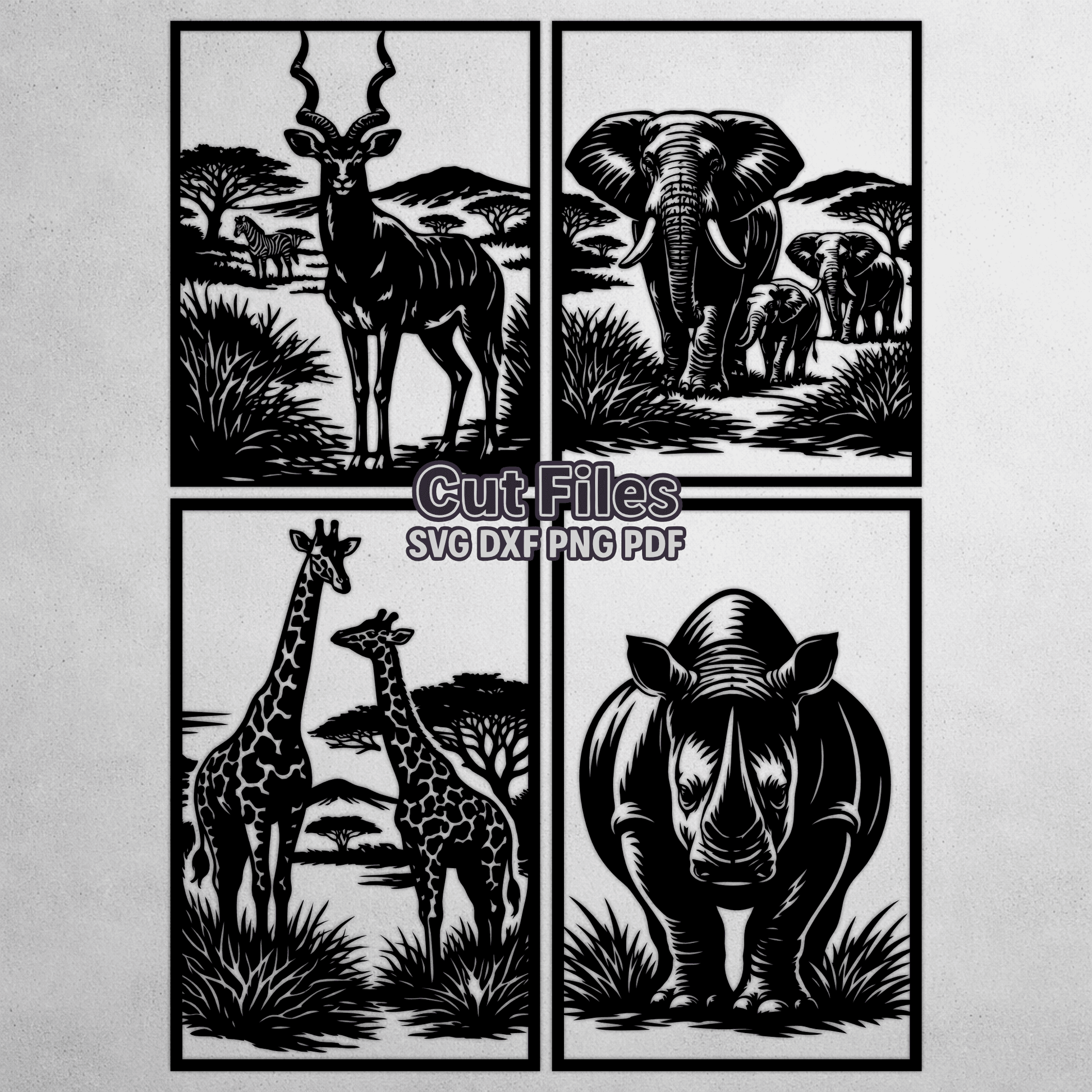 African safari animal panels SVG DXF featuring antelope, elephant, giraffe and rhino silhouettes