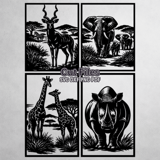 African safari animal panels SVG DXF featuring antelope, elephant, giraffe and rhino silhouettes