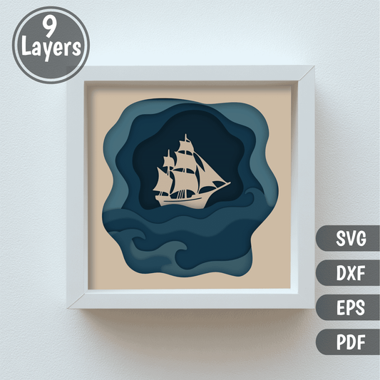 Sailing ship 3D shadow box SVG DXF PDF EPS layered template