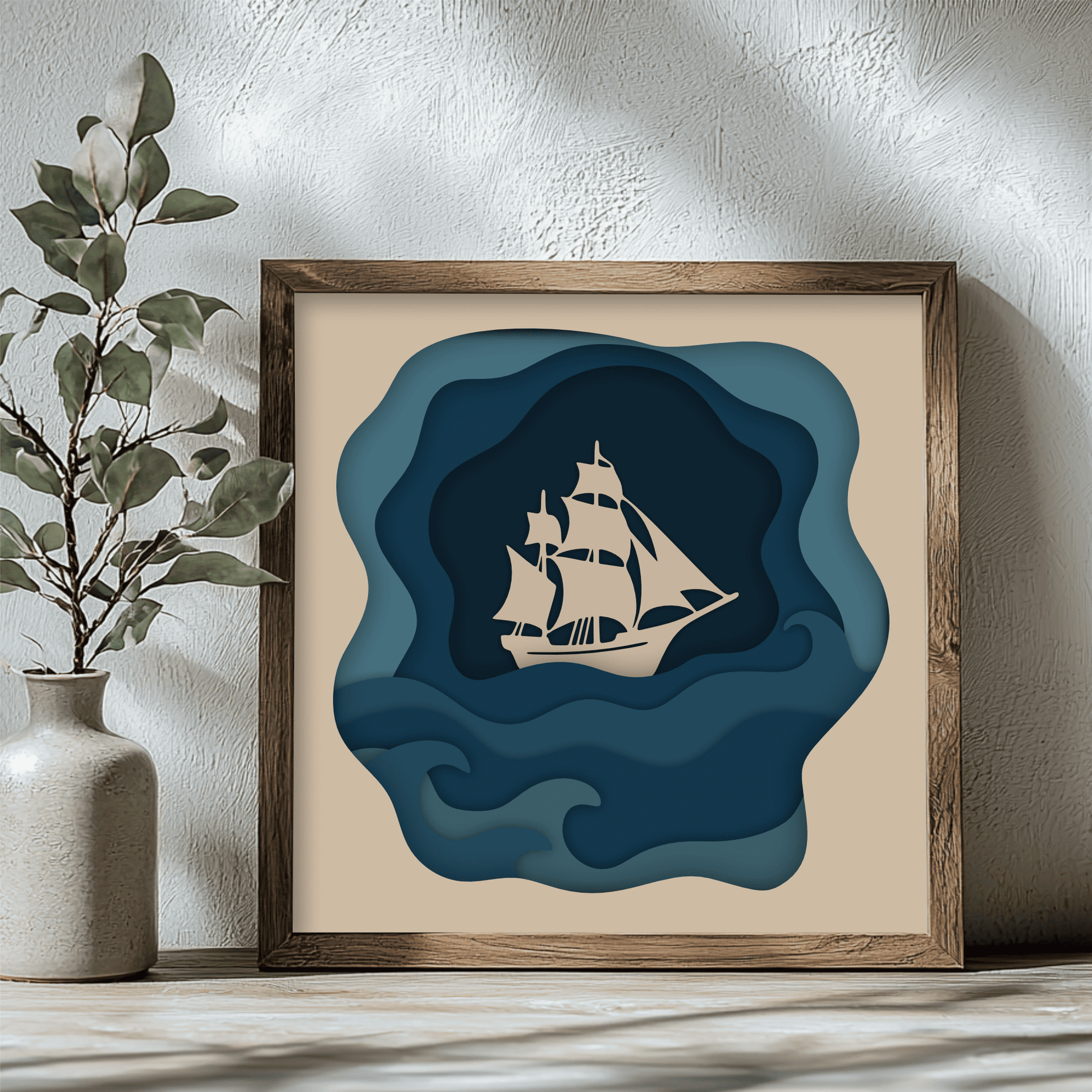 Layered sea art SVG DXF EPS PDF with sailing vessel and waves