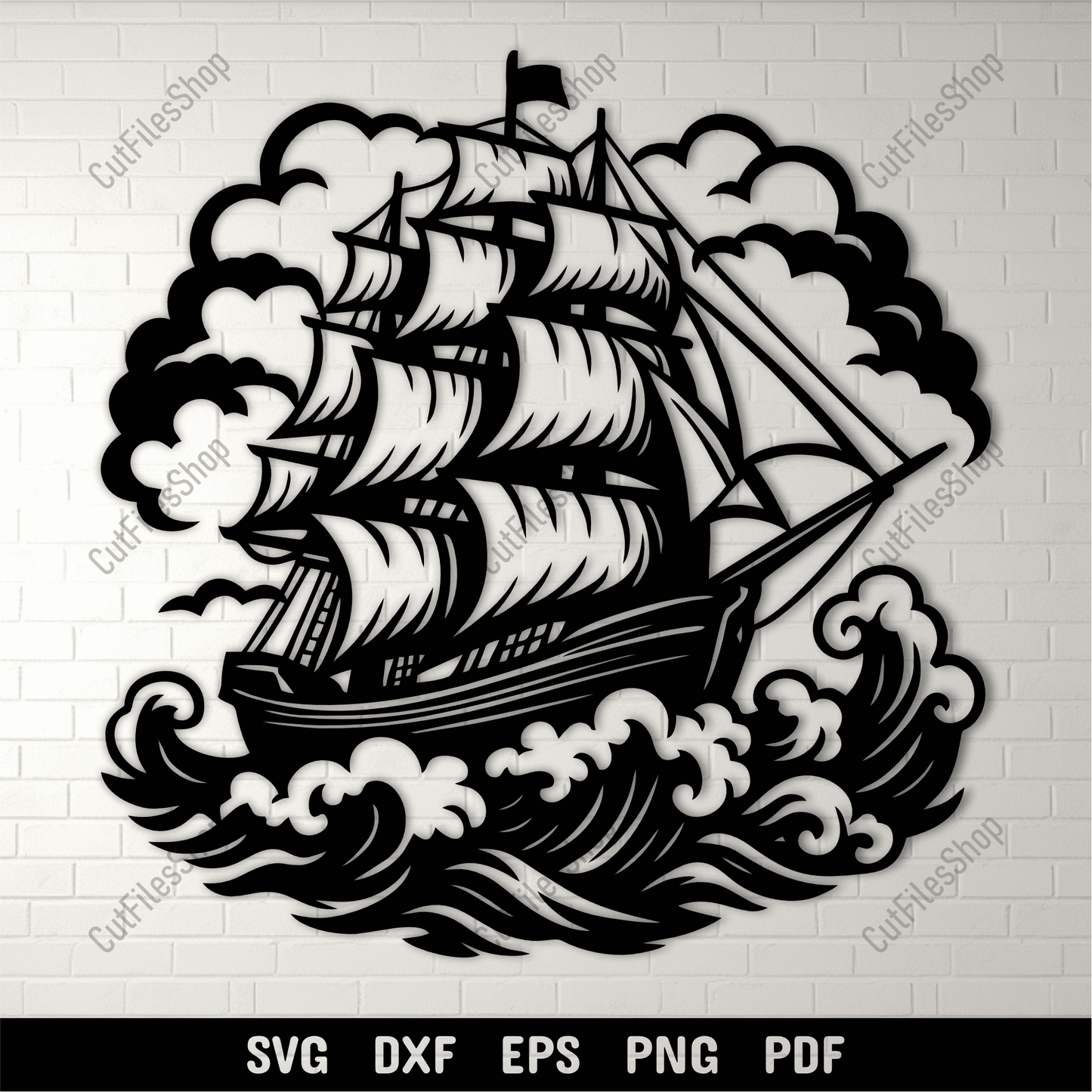 Sailing ship on ocean waves SVG
