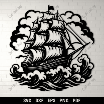 Sailing ship on ocean waves SVG
