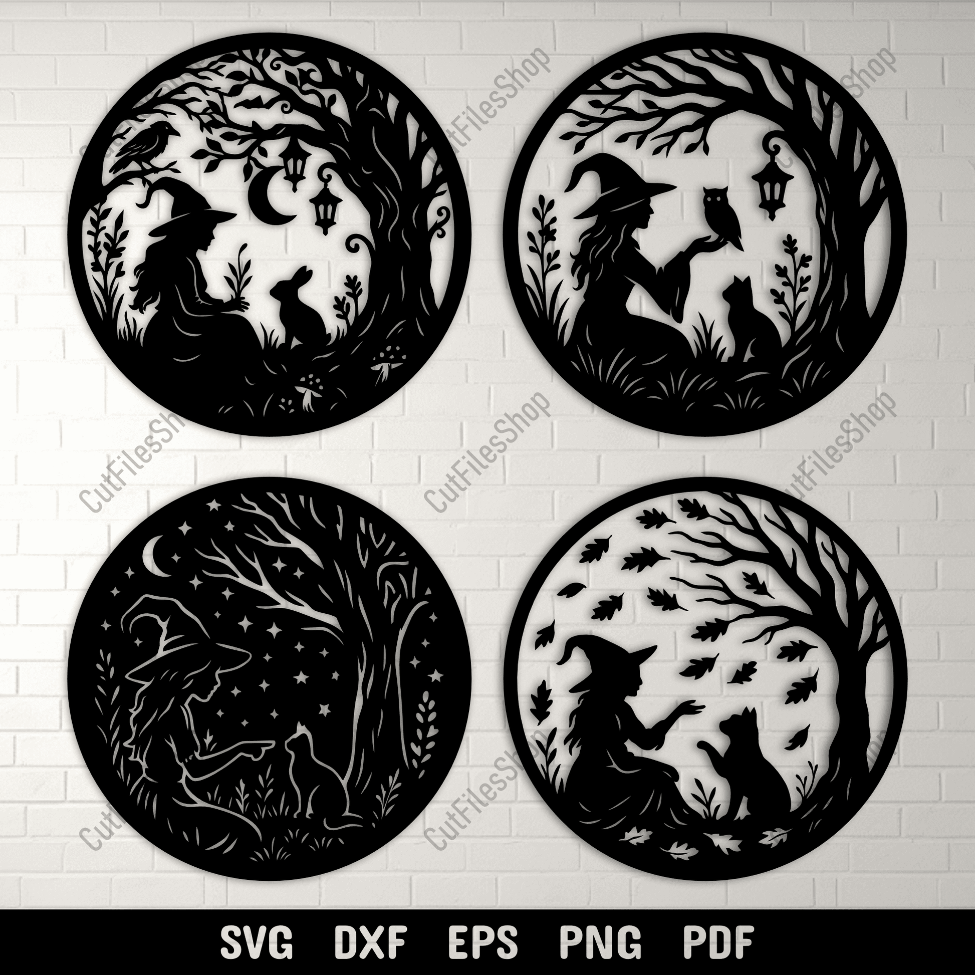 Witch and cat round panel SVG DXF PNG for CNC laser cutting