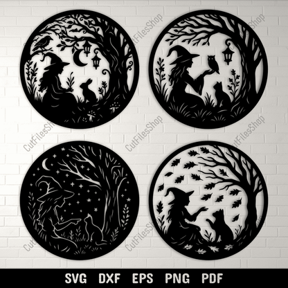 Witch and cat round panel SVG DXF PNG for CNC laser cutting