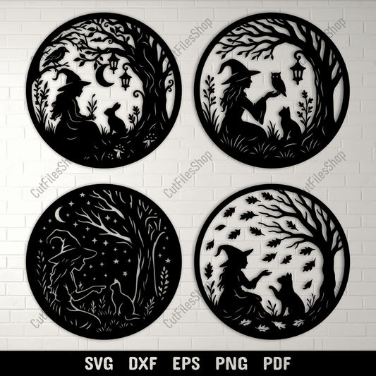 Witch and cat round panel SVG DXF PNG for CNC laser cutting