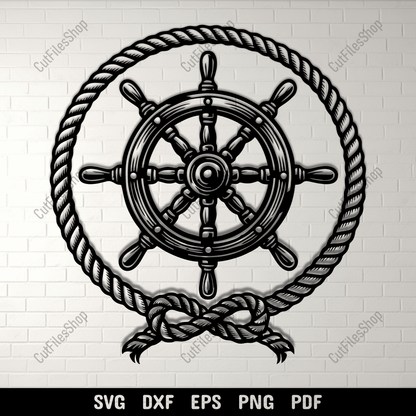 Nautical ship wheel SVG DXF with rope frame for CNC
