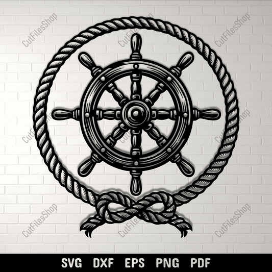 Nautical ship wheel SVG DXF with rope frame for CNC