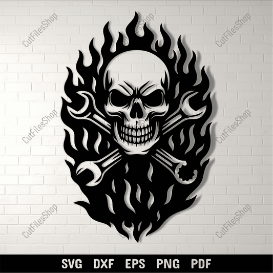 Skull flames mechanic SVG DXF PNG for CNC laser cutting