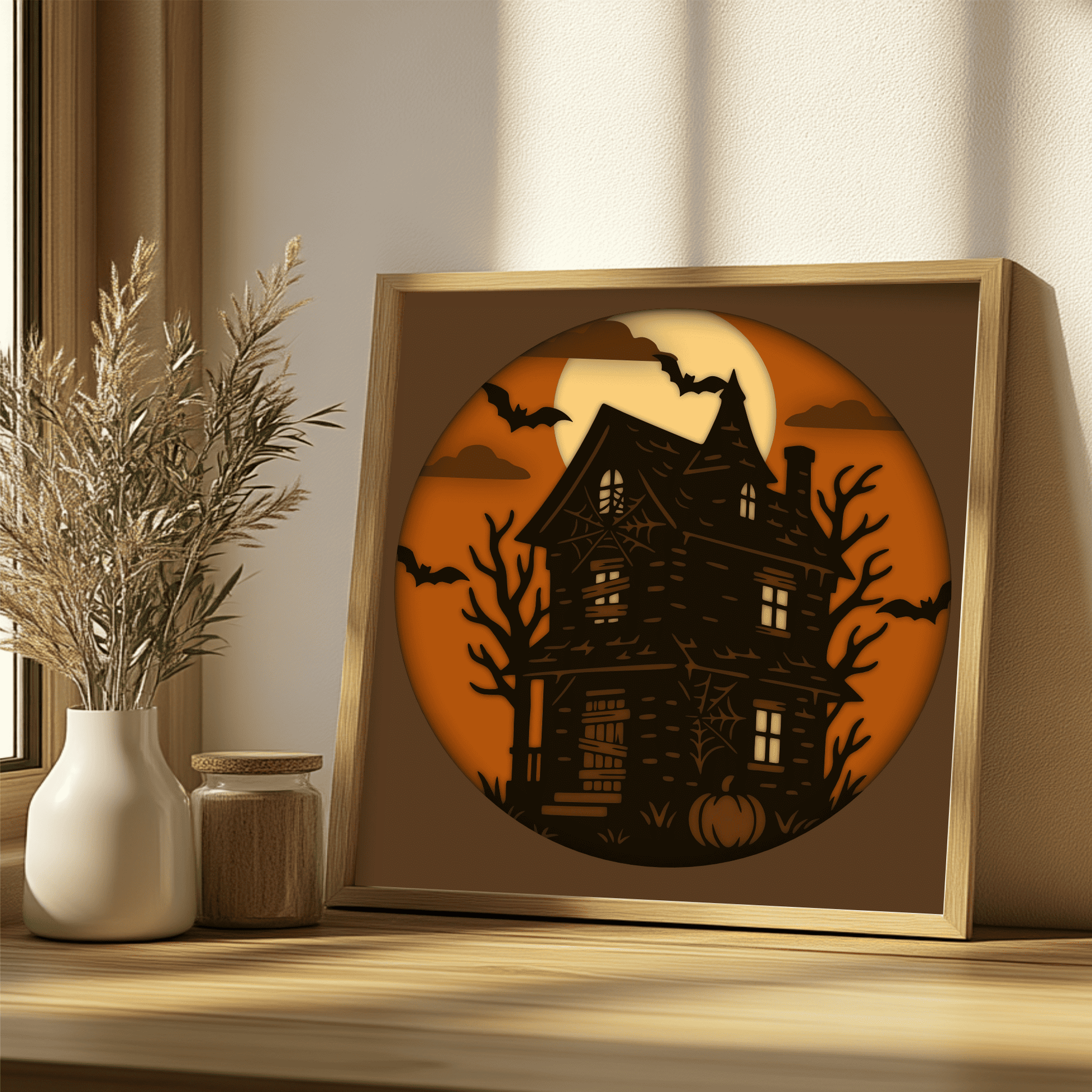 Halloween haunted house 3D layered art with bats and pumpkins