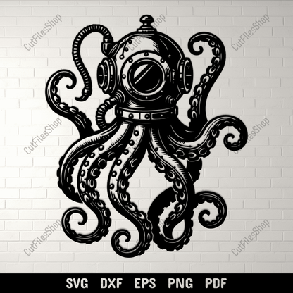 Vintage diver helmet octopus black and white illustration