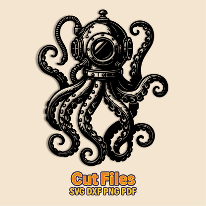 Steampunk octopus SVG with diver helmet and tentacles