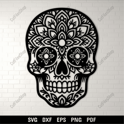 Floral sugar skull silhouette wall art design