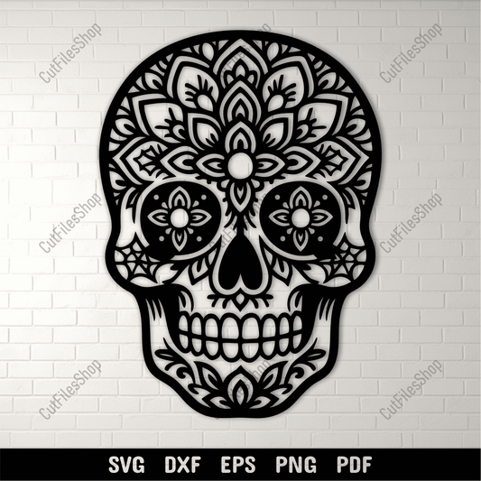 Floral sugar skull silhouette wall art design