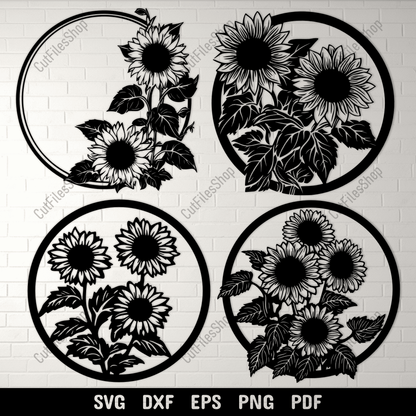 Sunflower circle frame silhouette wall art design