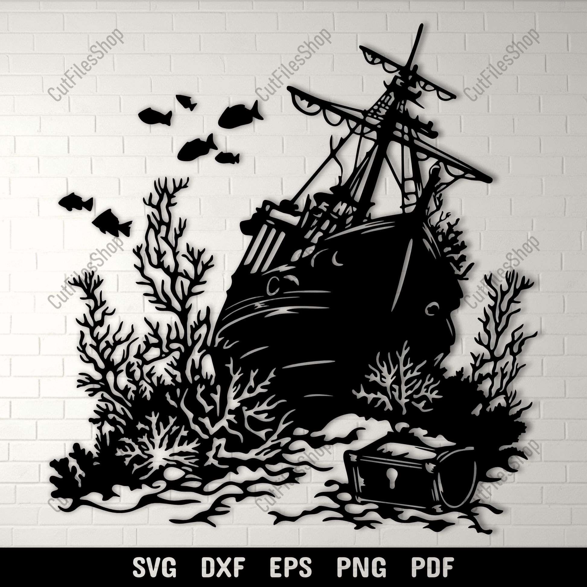 Sunken pirate ship silhouette wall art design