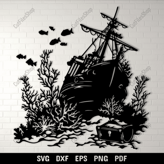 Sunken pirate ship silhouette wall art design