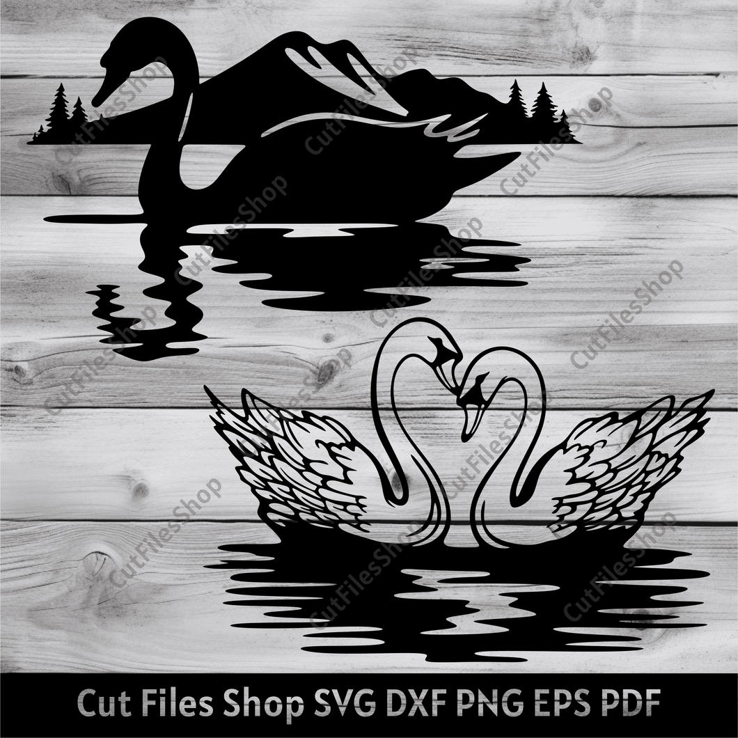 Swans on the lake dxf for Laser, Swan Pair svg cut files for Cricut, Love swan svg for Sublimation, Silhouette cut files, valentine's day svg, Swan in calm pond svg, mountains scene dxf, nature scene svg, svg for gift making, swans clipart, swans dxf for plasma