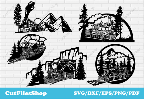 Scenes trains svg cut files for cricut, dxf for router, cnc cutting designs, dxf trains for laser, train eps files, train clip art, train scenes dxf for laser, dxf for engraver, silhouette train svg, t-shirt printing, nature scenes dxf, forest scenes dxf, mountains dxf for laser