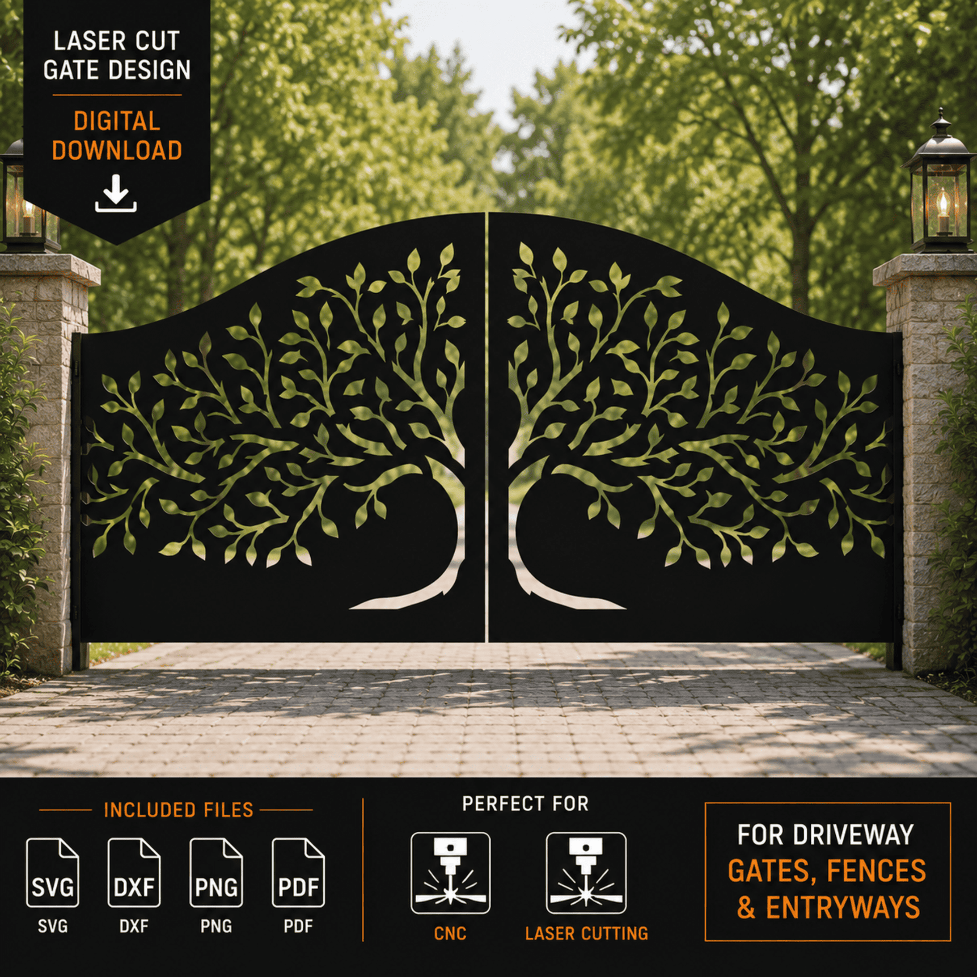 Tree of Life metal driveway gate CNC laser cut design.