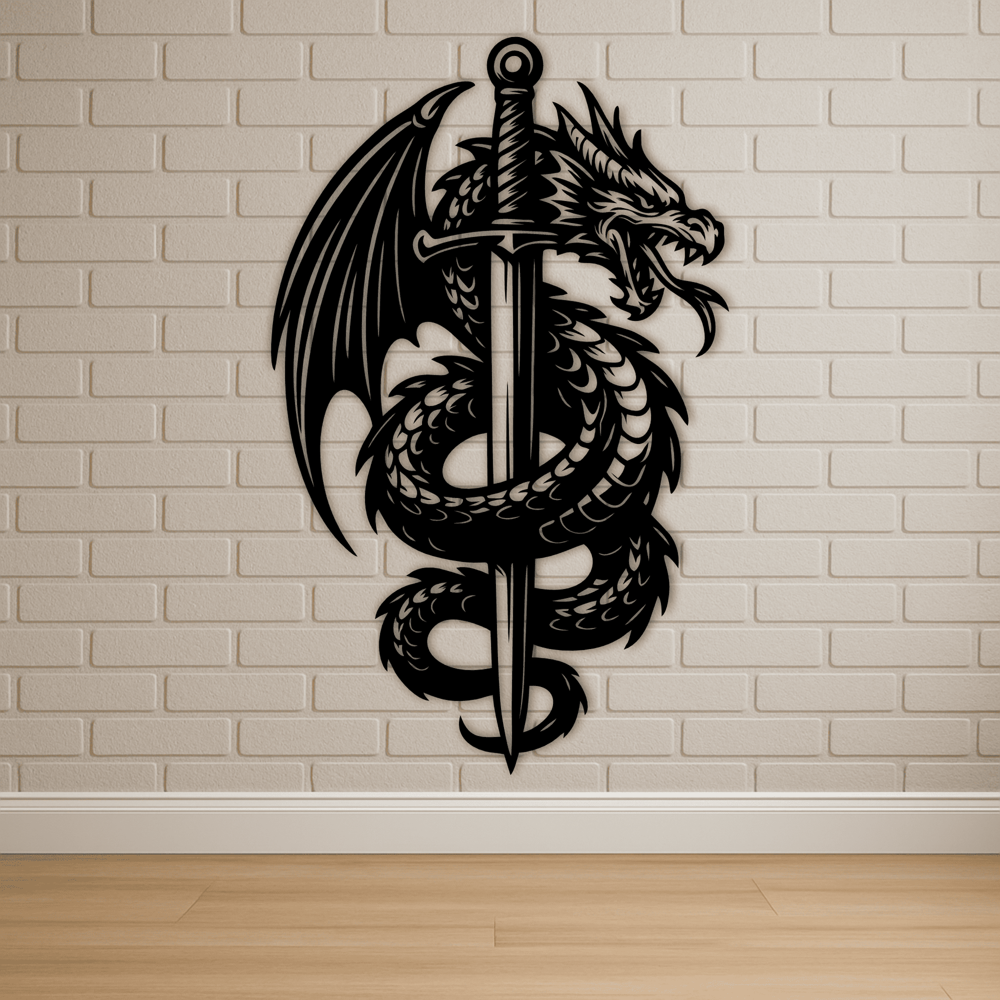 Tribal dragon wrapped around sword black and white design