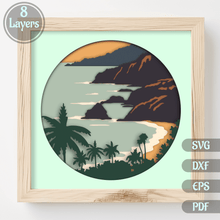 Load image into Gallery viewer, 3D Layered Tropical Beach Scene SVG, 3D Shadow Box Templates, Papercut Layered Svg, Cut files for Cricut
