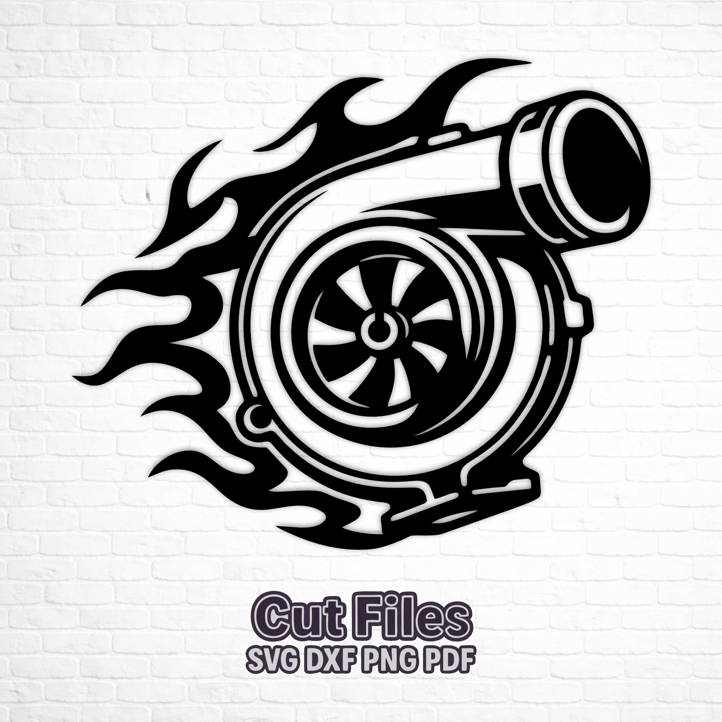 Turbocharger SVG and DXF laser cut design with decorative flames