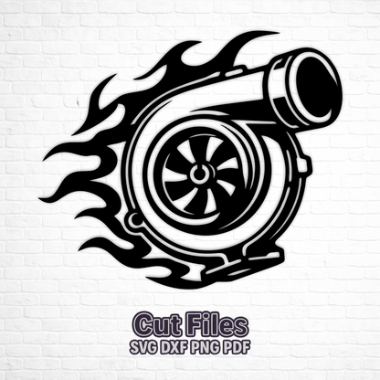 Turbocharger SVG and DXF laser cut design with decorative flames