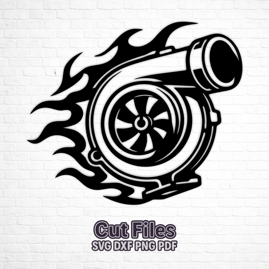 Turbocharger SVG and DXF laser cut design with decorative flames