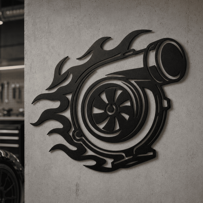 Black turbocharger metal wall art displayed in a modern garage