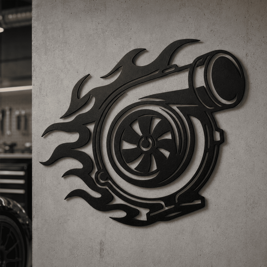 Black turbocharger metal wall art displayed in a modern garage