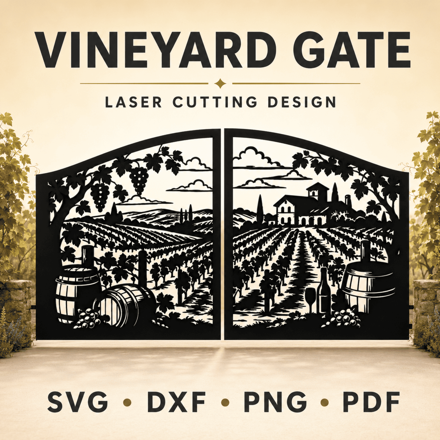 Vineyard gate SVG and DXF laser cutting design with grapevines and winery