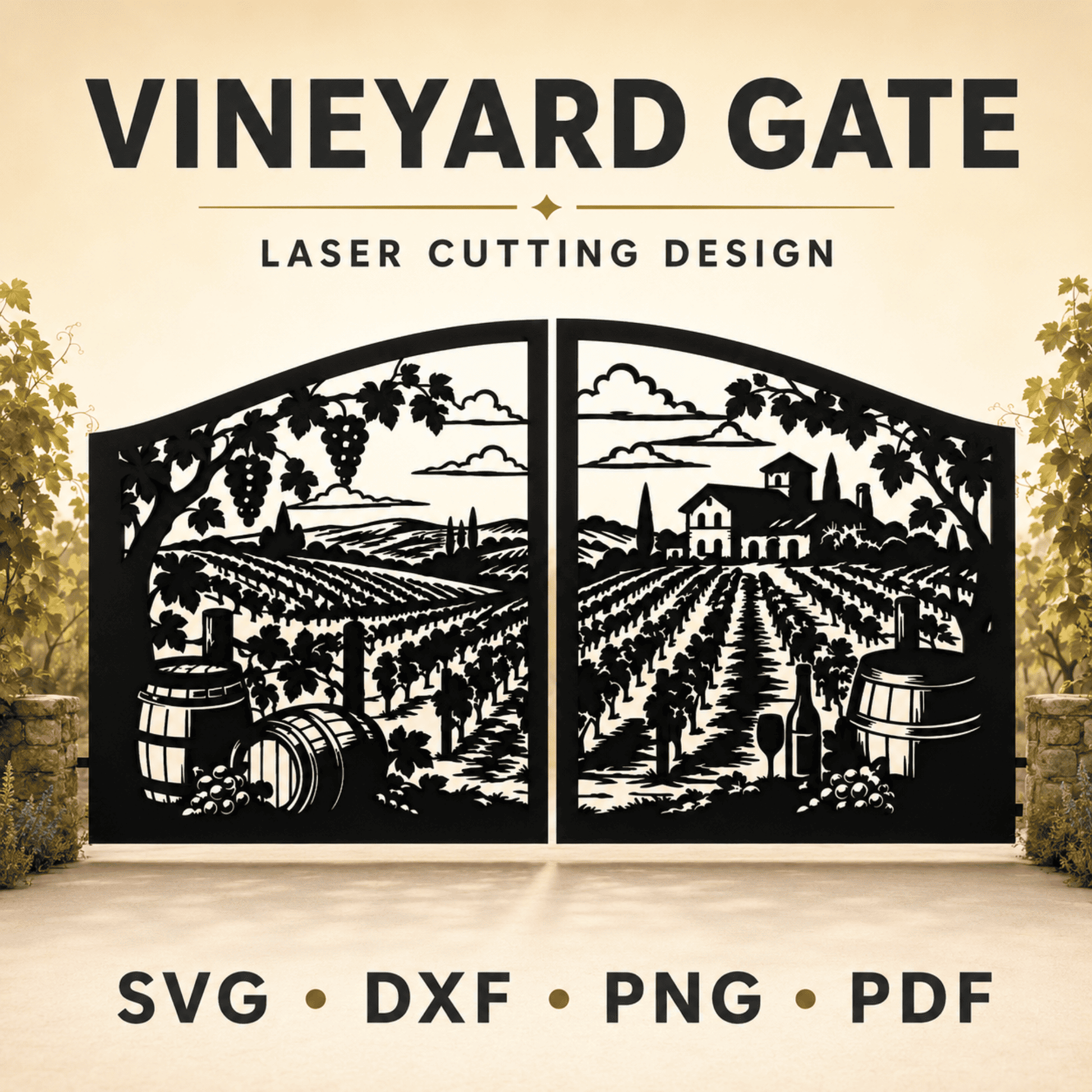 Vineyard gate SVG and DXF laser cutting design with grapevines and winery