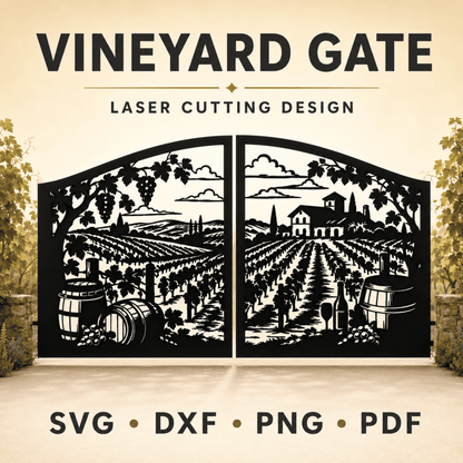 Vineyard gate SVG and DXF laser cutting design with grapevines and winery