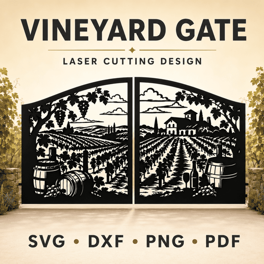 Vineyard gate SVG and DXF laser cutting design with grapevines and winery