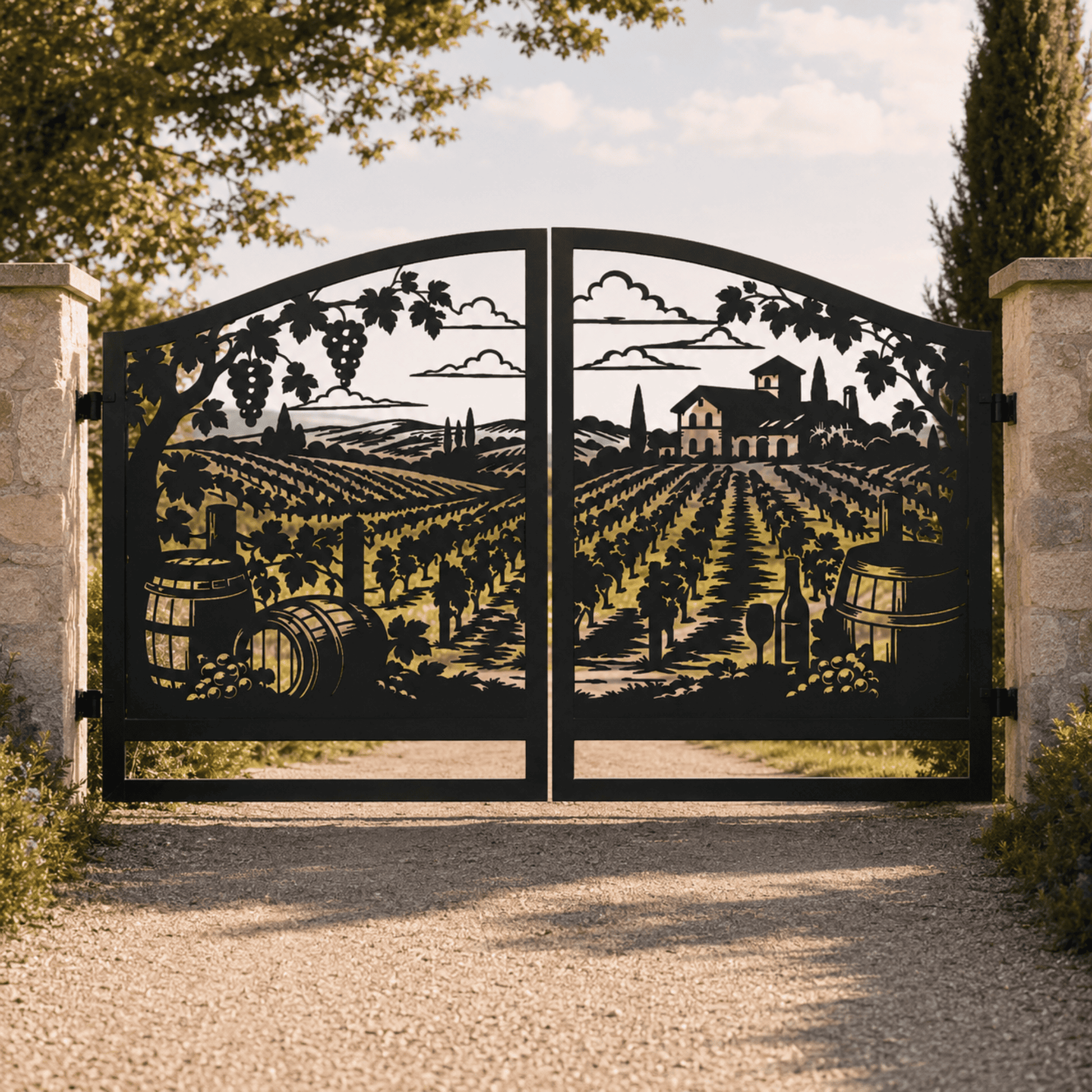 Decorative double-swing vineyard gate displayed between stone pillars