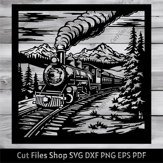 Vintage train Dxf, Vintage train scene Svg for Cricut, Panel Dxf for Laser, cut, Silhouette cut files, Dxf for Plasma cut, mountains scene svg, forest scene dxf for laser, landscape panels dxf
