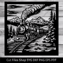 Load image into Gallery viewer, Vintage train Dxf, Vintage train scene Svg for Cricut, Panel Dxf for Laser, cut, Silhouette cut files, Dxf for Plasma cut, mountains scene svg, forest scene dxf for laser, landscape panels dxf
